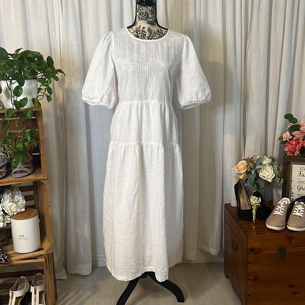 Old Navy White Puff Sleeve Tiered Button Closure Babydoll Style Maxi Dress